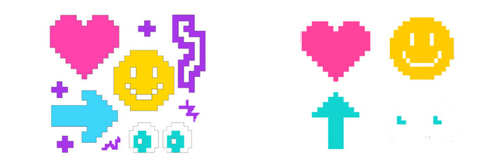 Colorful pixel art featuring emoticons and symbols in vibrant design set against a white background