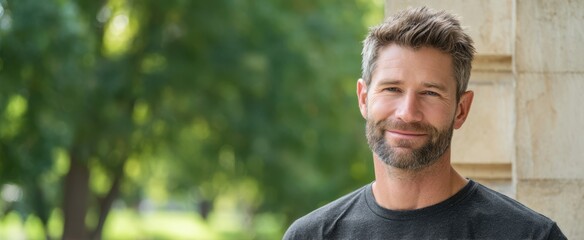 The confident smiling man surrounded by nature in a sunny outdoor setting.