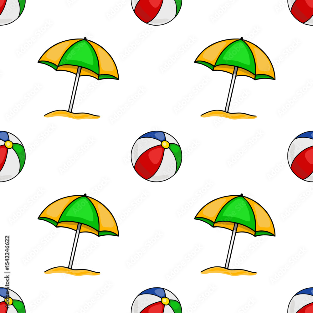 Poster seamless vector pattern of vibrant beach umbrellas and multicolored beach balls on a white backgroun