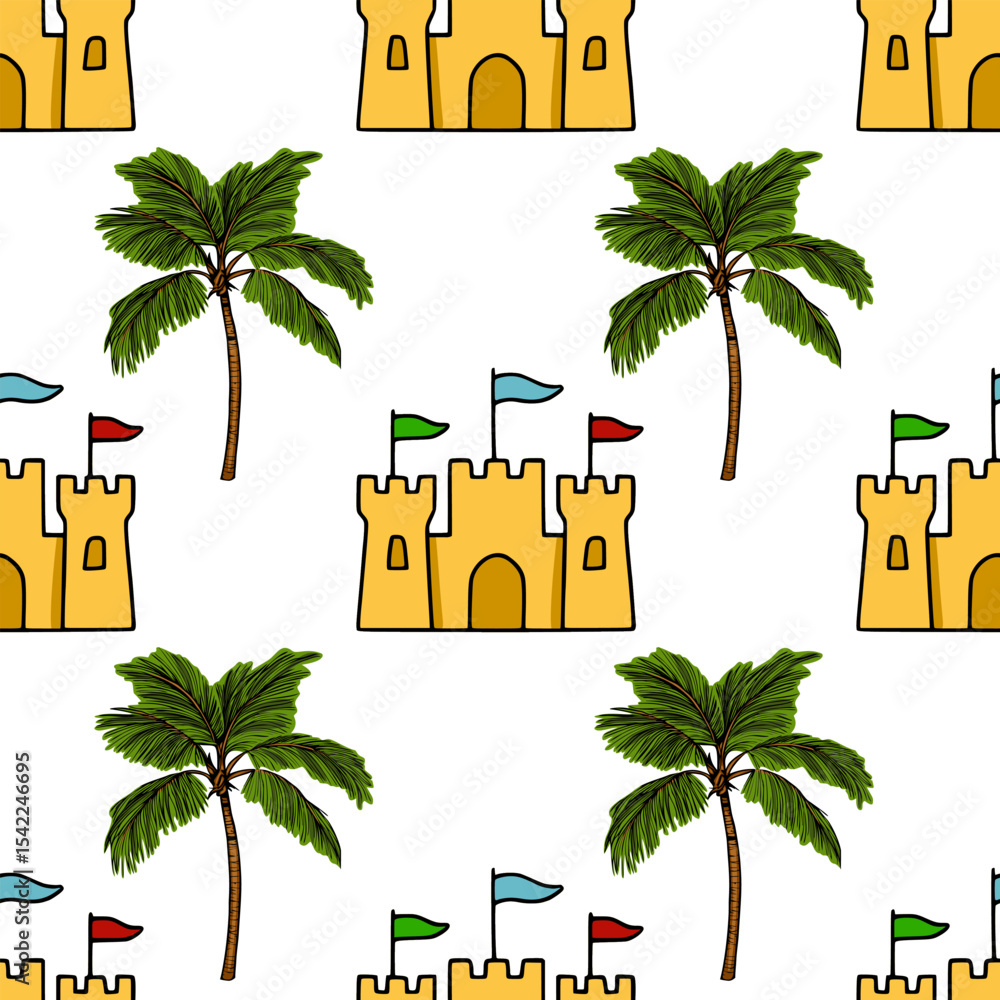 Aufkleber seamless vector pattern featuring charming hand-drawn sandcastles adorned with colorful flags and lu