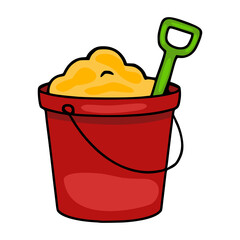 A playful vector illustration of a red bucket filled with yellow sand and a green shovel, perfect for childrens designs or summer themes.