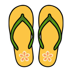 A vector illustration of a pair of yellow flip-flops with green straps and peach-colored flowers, showcasing a summery and playful design ideal for beach-themed projects.
