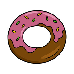 Delicious vector illustration of a single chocolate and pink glazed donut with colorful sprinkles, perfect for bakery branding or dessert-themed designs.