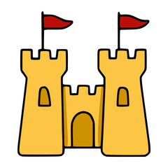 A playful vector illustration of a cartoon sandcastle with two towers and red flags, showcasing a bold outline and simple, childlike design, perfect for summer-themed projects.