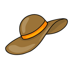 Elegant brown vector illustration of a wide-brimmed summer hat with an orange ribbon, perfect for fashion design or summer-themed projects.