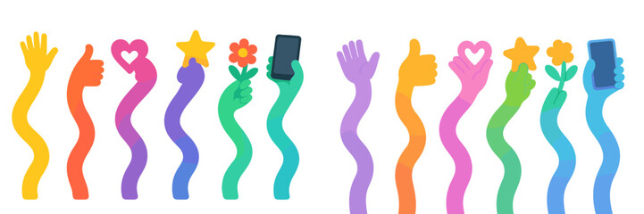Colorful hand-shaped figures displaying various gestures and symbols in a playful arrangement on a white background
