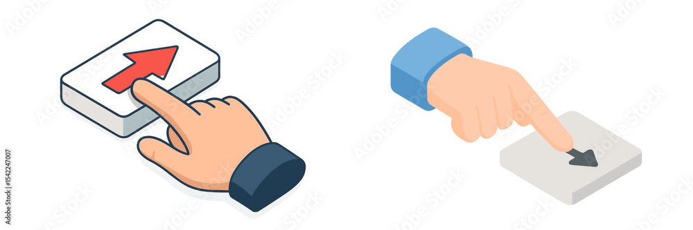  hands pressing up and down buttons on a digital interface for user interaction