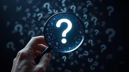 A hand holding a magnifying glass focusing on a glowing question mark amidst a swarm of question marks