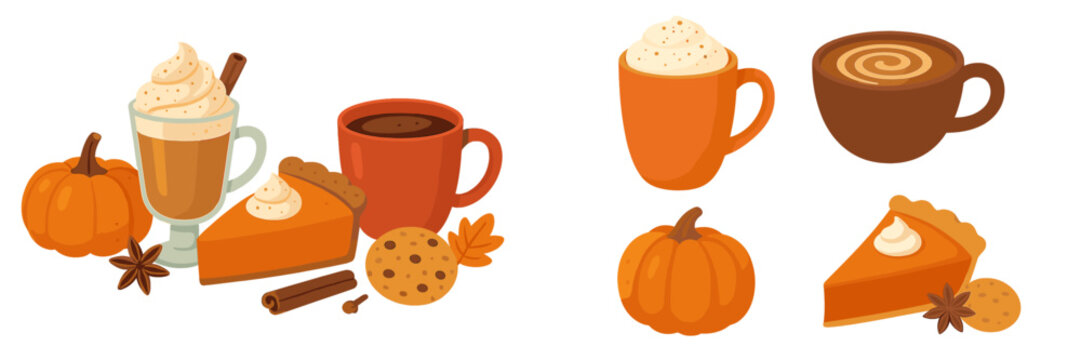 Delicious autumn treats featuring coffee, pumpkin pie, cookies, and seasonal flavors in a cozy setting