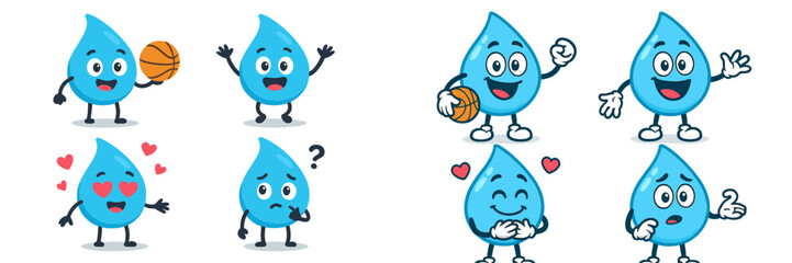 Colorful cartoon water droplets expressing emotions while playing basketball in a fun and playful animated style