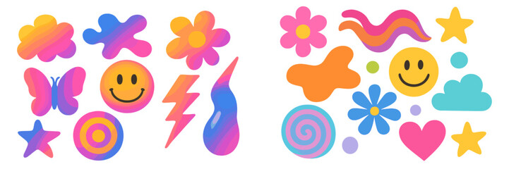 Colorful abstract shapes and icons in vibrant shades used for decoration and design purposes