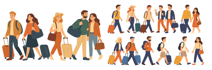 Groups of travelers walking with luggage at a busy location during daytime, showcasing diverse clothing styles and energetic vibes