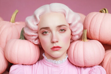Woman on all saints day portrait with pink pumpkins