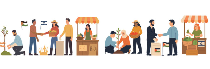 Community members engage in a market exchange promoting agriculture and environmental awareness in a shared public space