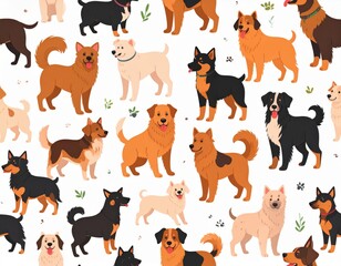 Fototapeta premium A cheerful seamless pattern showcasing a diverse collection of charming dog breeds, rendered in a flat cartoon illustration style.