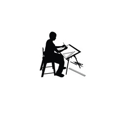 A person sketching on a drafting table with rulers and pencils on white background