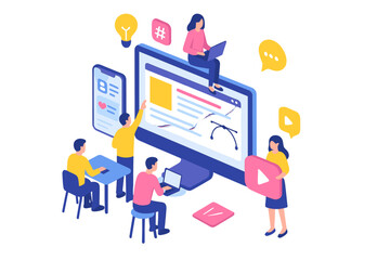 Digital collaboration among six people using technology for content creation and online interaction in a modern workspace