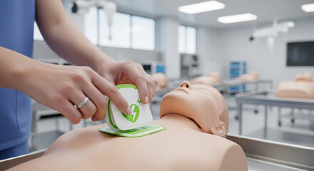 Medical Professional Training with AED on Mannequin, CPR and Emergency Resuscitation.