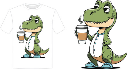 A sleepy dinosaur holding a coffee mug