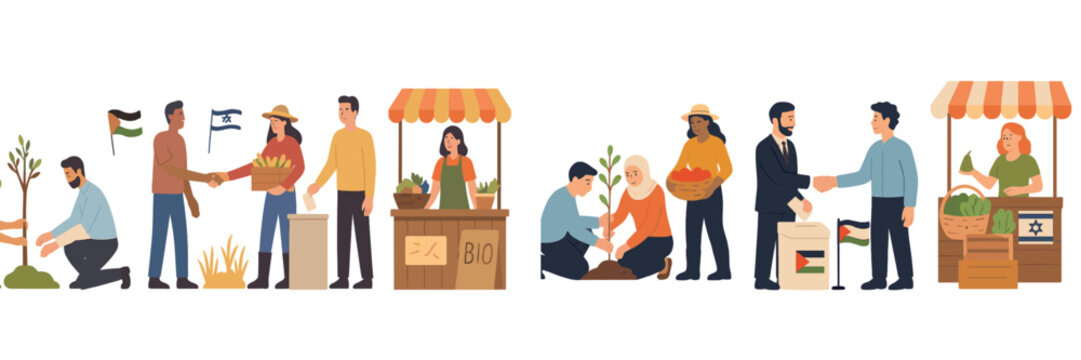 Community members engage in a market exchange promoting agriculture and environmental awareness in a shared public space