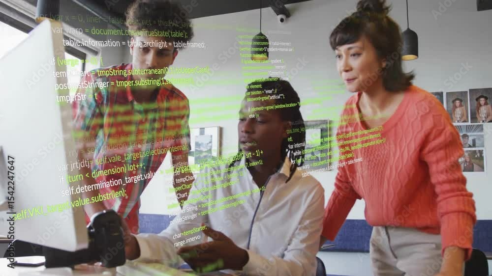 Poster superimposed code initiating creative team adjusting dslr dials, pointing at code for design review