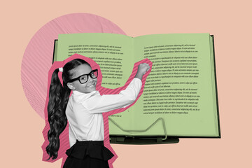 Composite trendy magazine photo collage of happy small schoolgirl stand book reader literature...