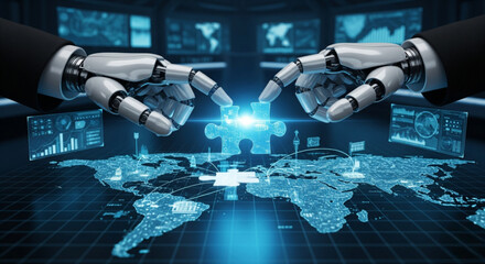 Robot Hands Connecting Puzzle Pieces over World Map, Global AI Solutions and Network.