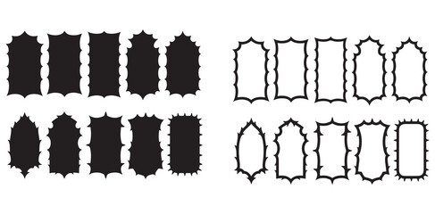 Decorative Frame Vector Set for Design Projects, decorative, ornate rectangular frames in a variety of sizes, some are black solid, some are outline, Set of decorative, spiky rectangular and oblong fr