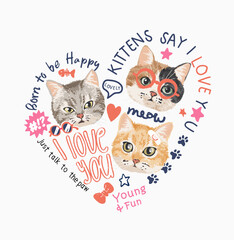 cute kittens in heart shape vector illustration