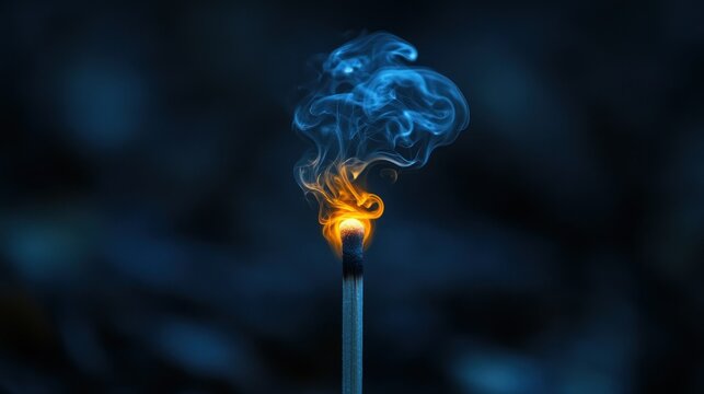 Burning matchstick, blue smoke, dark background