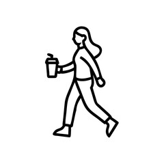 Young Woman Walking Holding Disposable Coffee Cup Outline Illustration Handmade Style