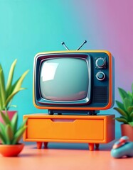 Retro Television on Orange Stand with Plants