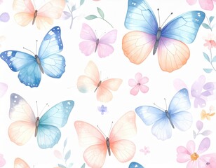 Obraz premium A beautiful watercolor seamless pattern featuring delicate butterflies in soft pastel hues gracefully blending into ethereal floral backgrounds.