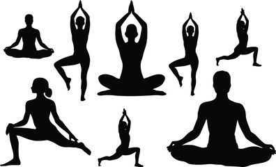 Yoga pose silhouette icon vector bundle set
