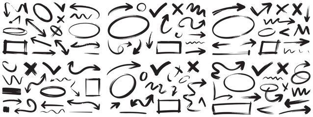 Hand-Drawn Arrows, Circles, and Checkmarks Vector Set, arrows, circles, checkmarks, and other design elements, Red Arrows and Markers for Design, hand drawn, arrows, check marks, x marks, circles, squ