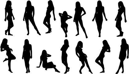 Sexy erotic woman different poses silhouette vector set.

