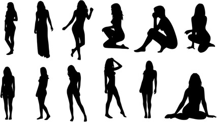 Sexy erotic woman different poses silhouette vector set.
