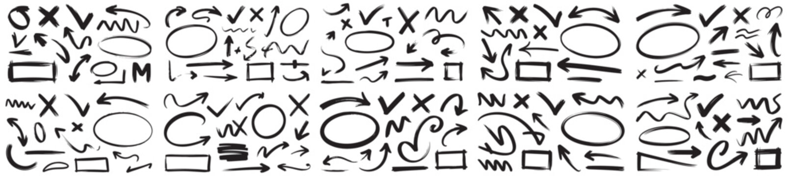 Hand-Drawn Arrows, Circles, and Checkmarks Vector Set, arrows, circles, checkmarks, and other design elements, Red Arrows and Markers for Design, hand drawn, arrows, check marks, x marks, circles, squ