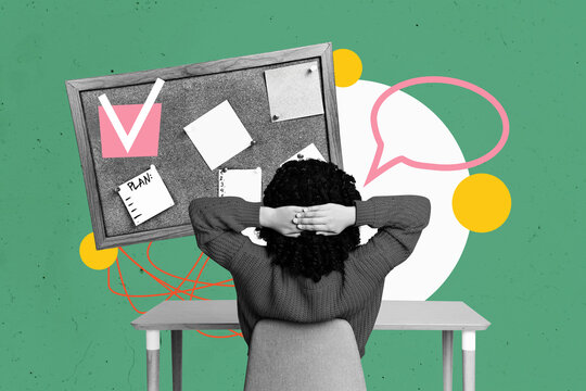 Fototapeta Photo collage template trend artwork sketch of young lady sit back talk board done plan analytics group human resources cooperation staff