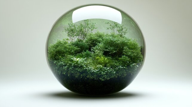 Clear sphere, enclosed miniature landscape of lush green plants