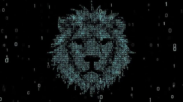 Lion silhouette formed by digital binary code