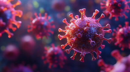 Close-up 3D render of a glowing red virus particle on blurred background