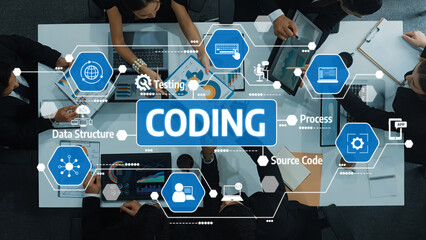 A team engages in a collaborative coding session, focusing on data structure, testing, and source code development in a modern office environment. Amity
