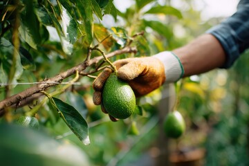 farm worker with a straw hat picking avocado at sunset