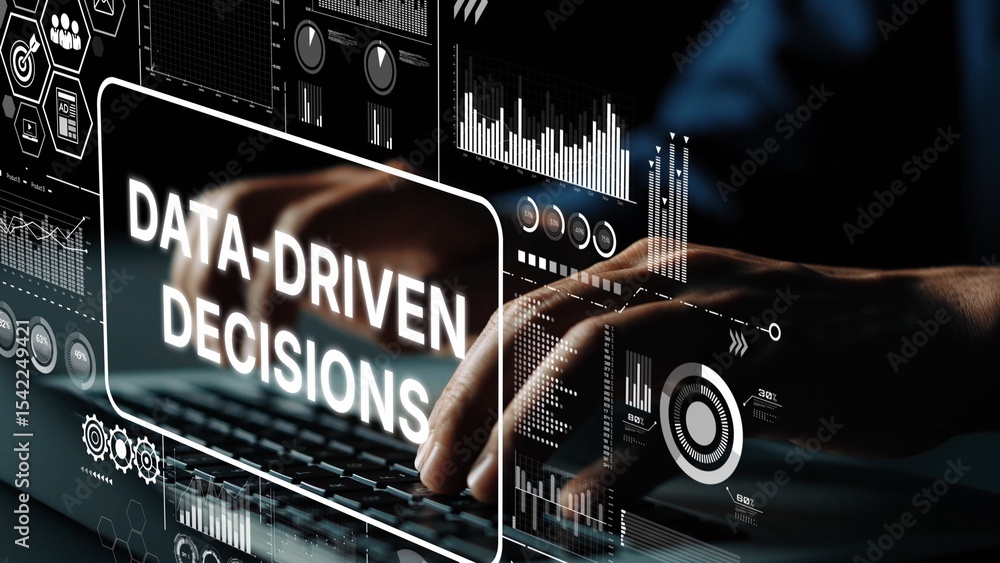 Poster hands typing on a keyboard with data-driven decisions graphic overlay and digital analytics visuals.