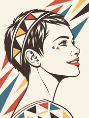 Vector illustration of the profile of a young woman with geometric decorations.