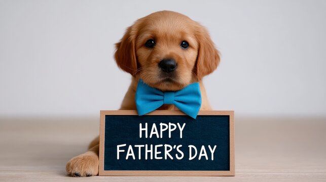 Cute brown puppy holds sign says Happy Fathers Day. Adorable pet dressed in bowtie. Studio shot indoor. Celebrates special day. Family love pets care concept. Perfect for greeting card