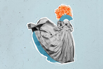 Creative composite sketch design collage of young lady flower head cover face fan vintage style...