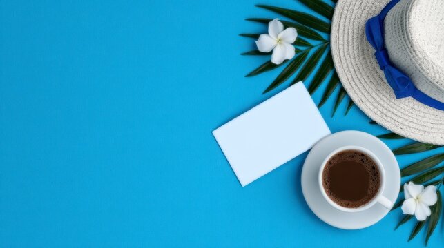 Father s Day gift. Top view design concept of holiday greeting idea with card on blue background. Celebratory message design for a paternal figure appreciation event using a festive