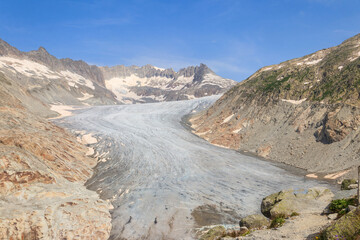 The Rhone Glacier, the source of the Rhone River at Furka Pass in the Swiss Alps in canton of Valais, Switzerland